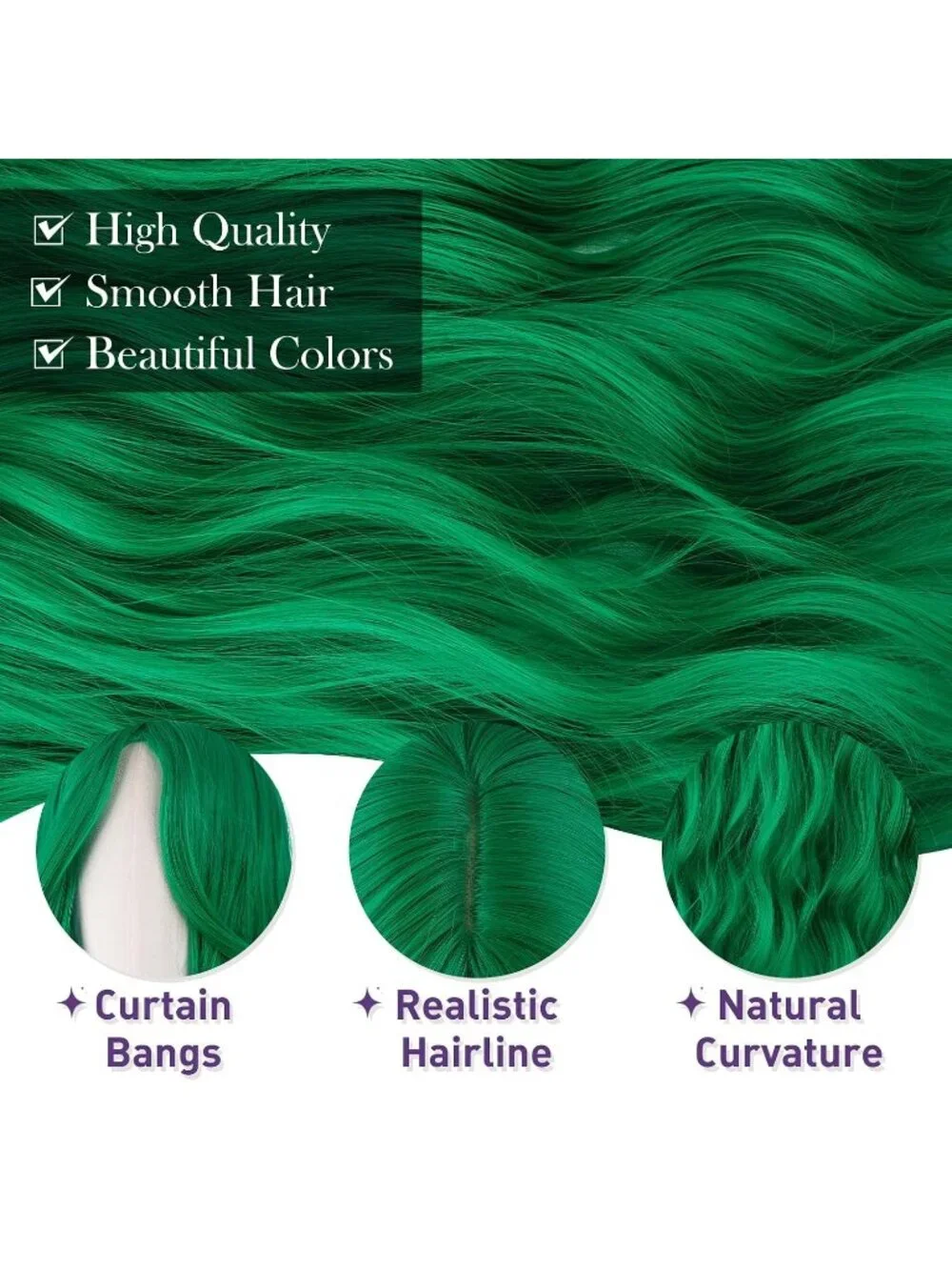 Women's Green 26 Inch Heat Resistant Curtain Bangs Long Wavy Wigs